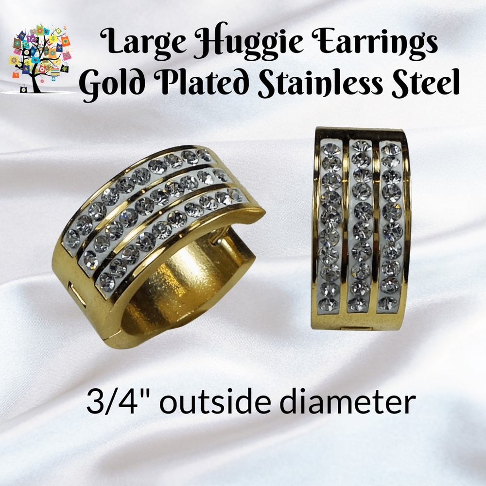 Gold Plated Stainless Steel Large Round Huggies Earrings - Picture 1 of 2